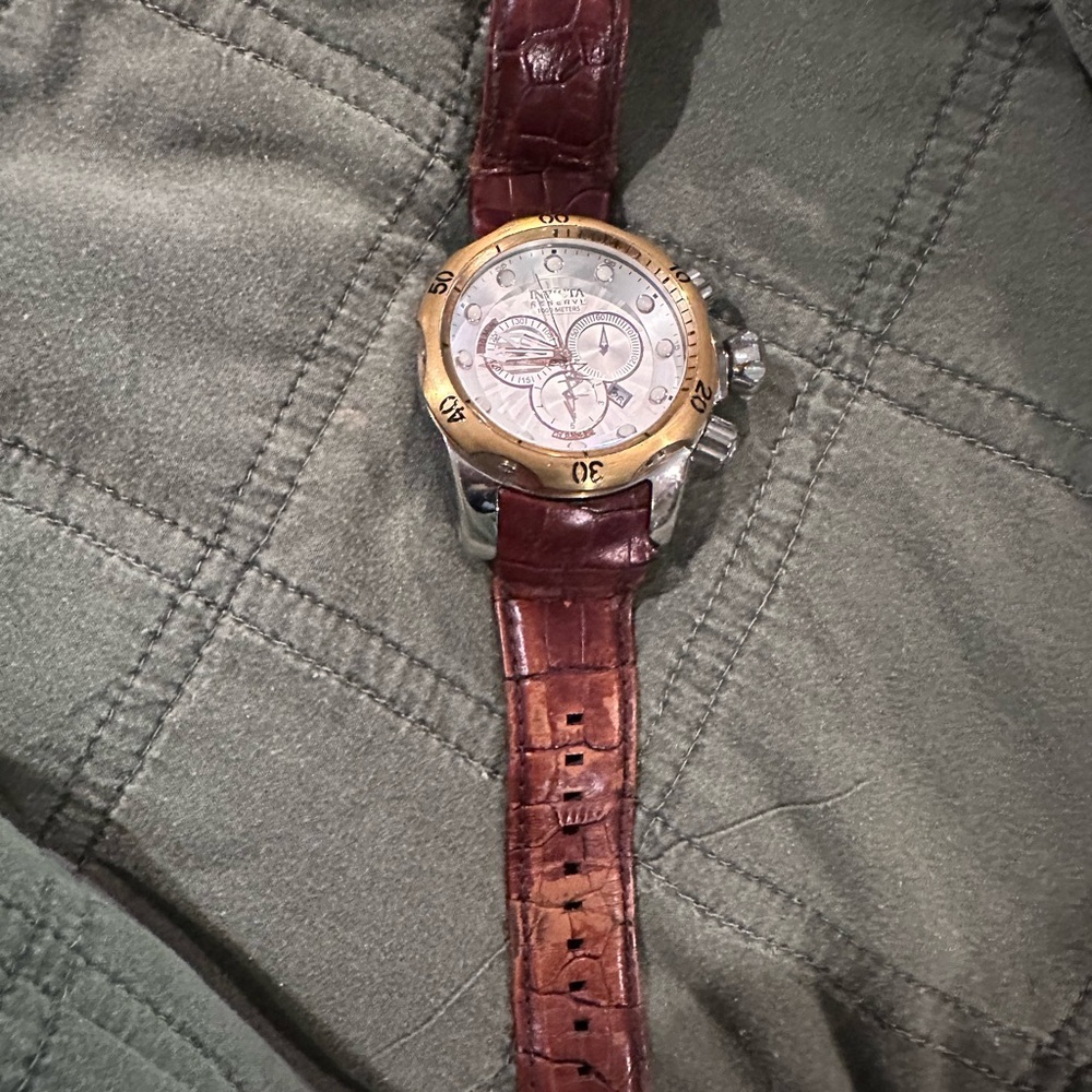 Gold and Silver Chronograph Watch with Brown Leather Strap